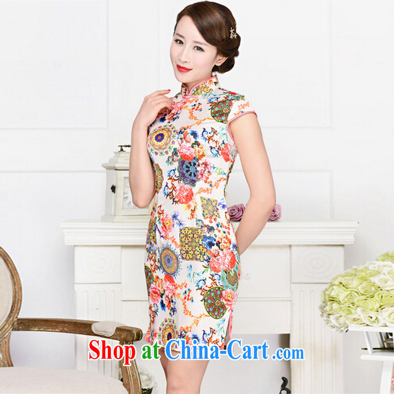 Refreshing new Ethnic Wind elegant low the forklift truck serving toast improved cheongsam dress summer T-shirt dress girls pink and white collar peony flowers XXL, refreshing, and shopping on the Internet