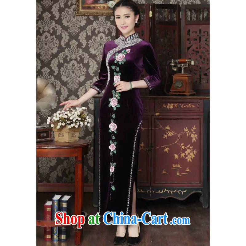 Bin Laden smoke female cheongsam Chinese wool manually the pearl elegant qipao Chinese improved embroidered banquet dresses long dresses purple 3XL, Bin Laden smoke, shopping on the Internet