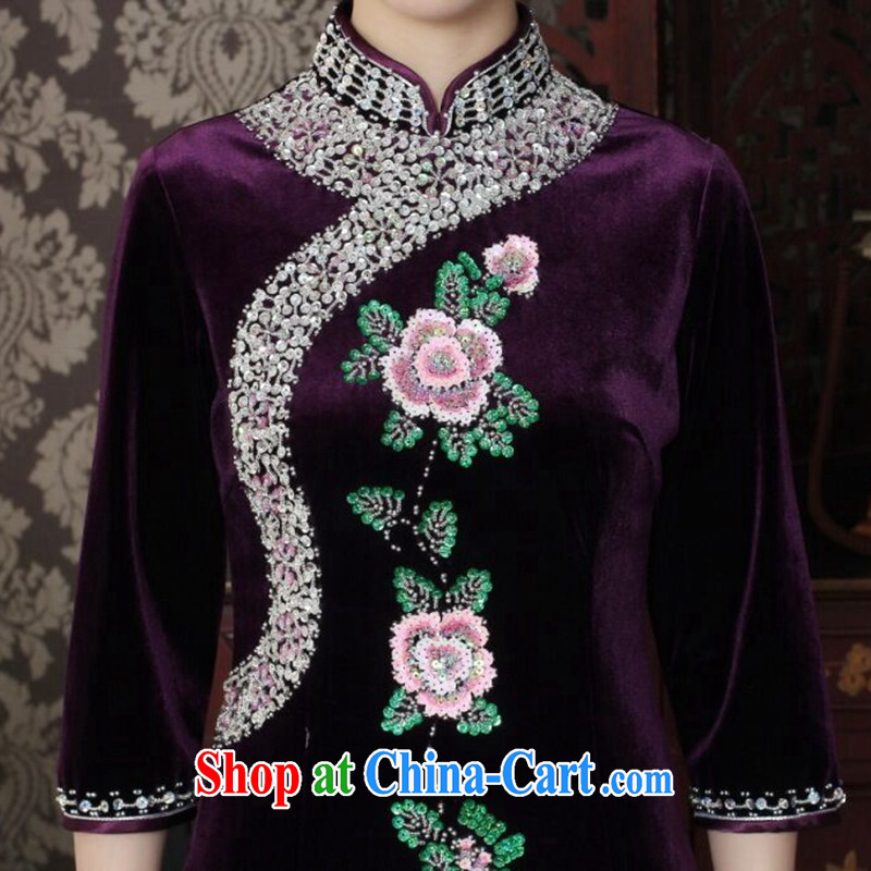 Bin Laden smoke female cheongsam Chinese wool manually the pearl elegant qipao Chinese improved embroidered banquet dresses long dresses purple 3XL, Bin Laden smoke, shopping on the Internet