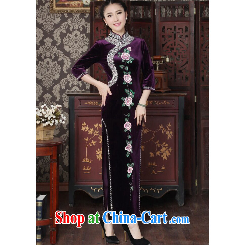 Take the female cheongsam Chinese wool manually the Pearl River and elegant qipao Chinese improved embroidered banquet dresses long dresses purple 3XL, spend figure, and shopping on the Internet