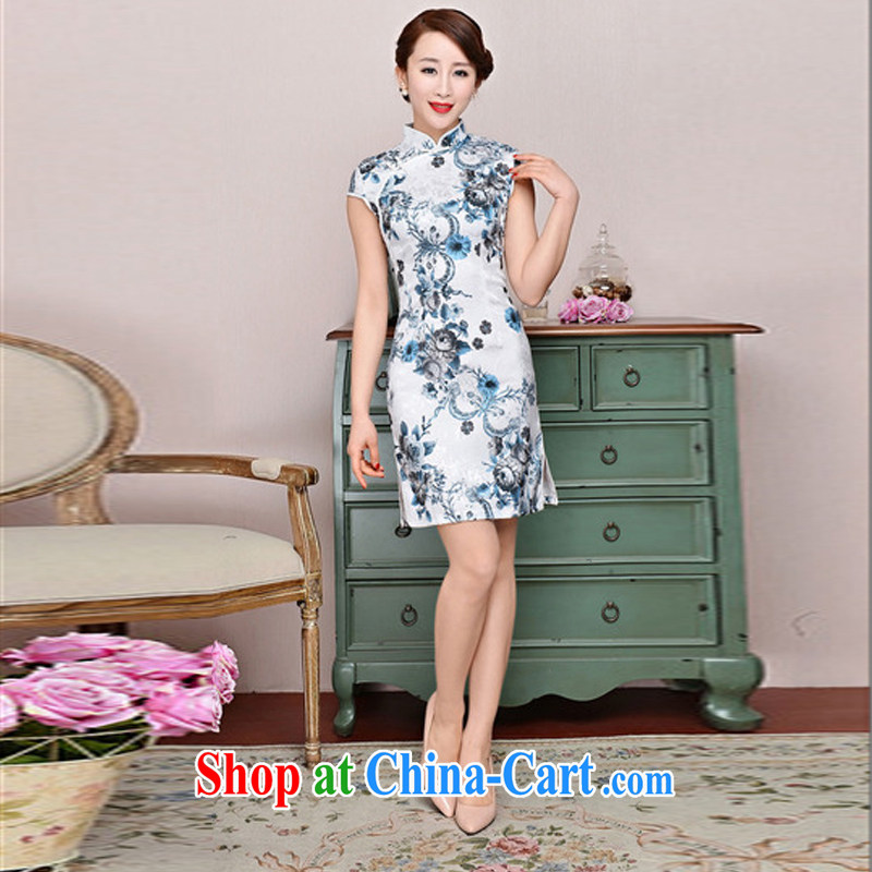 Hot beautiful lady 2015 new daily outfit 5 color paintings Chinese stamp retro, spring and summer with stylish and improved cheongsam dress style white Peony blue sunflower XXL, fiery beautiful lady, and shopping on the Internet