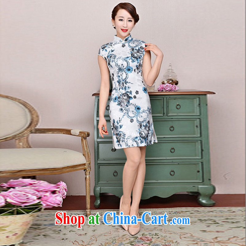 Hot beautiful lady 2015 new daily outfit 5 color paintings Chinese stamp retro, spring and summer with stylish and improved cheongsam dress style white Peony blue sunflower XXL, fiery beautiful lady, and shopping on the Internet