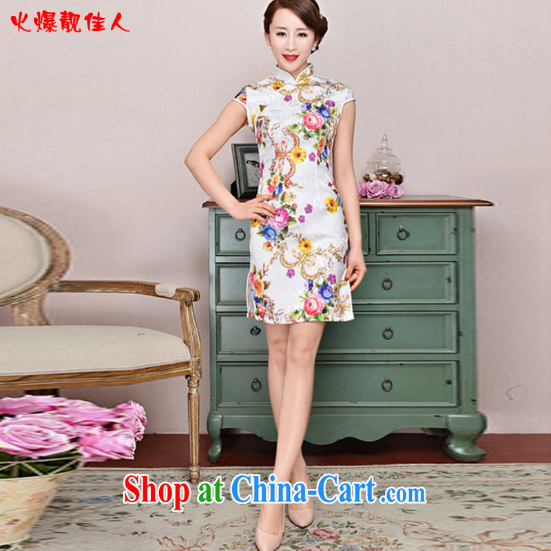 Hot beautiful lady 2015 new daily outfit 5 color paintings Chinese stamp antique dresses, Spring Summer fashion cheongsam dress style white Peony yellow sunflower XXL, fiery beautiful lady, shopping on the Internet