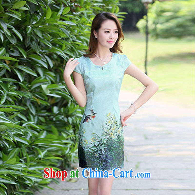 Nest, summer 2015 the new female-waist stamp retro improved short-sleeve package and cheongsam dress green peony flower XXL, nests, and shopping on the Internet