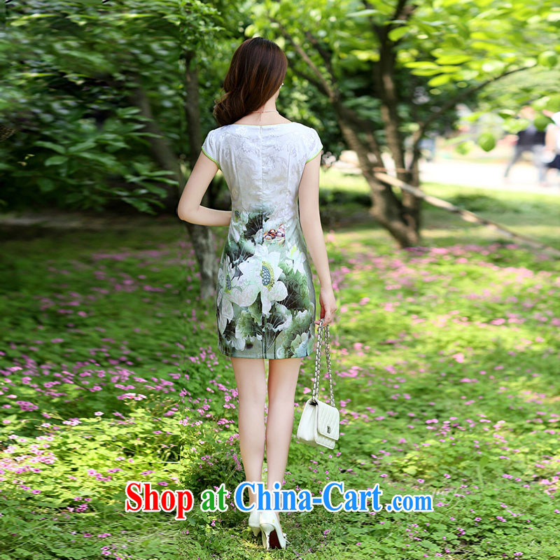 Nest, summer 2015 ladies' new, improved retro embroidery stamp beauty package and cheongsam dress Green lotus XXL, nests, and shopping on the Internet