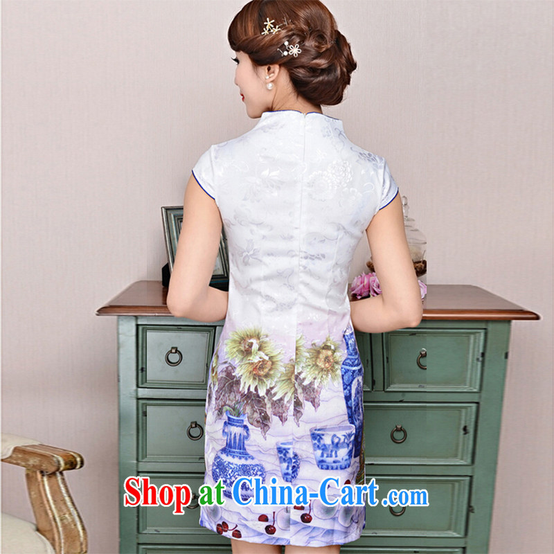 Refreshing new Ethnic Wind elegant low on the truck serving toast improved cheongsam dress summer T-shirt dresses female white porcelain was M, refreshing, and shopping on the Internet