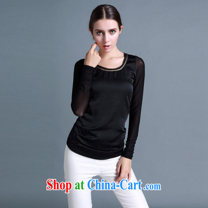 Black butterfly 2015 spring and summer the European site New solid shirt high-end female Web yarn stitching and stylish long-sleeved shirt T black XL, A . J . BB, shopping on the Internet