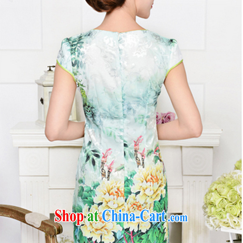 Refreshing new Ethnic Wind elegant low the forklift truck serving toast improved cheongsam dress summer T-shirt dresses female yellow Peony XL, refreshing, and shopping on the Internet