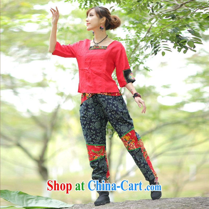 2015 spring and summer new, Retro, T-shirt 5 sub-cuff-cloth embroidered casual shirt red XL