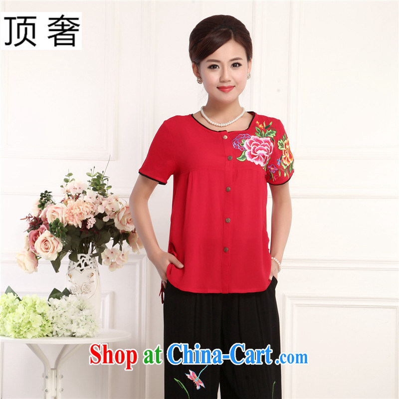 The extravagance, Ms. Tang is set spring and summer, loose version short-sleeved round-collar Green China wind national dress black pants 2015 thin half T pension middle-aged female Red, package 4 XL, top luxury, shopping on the Internet