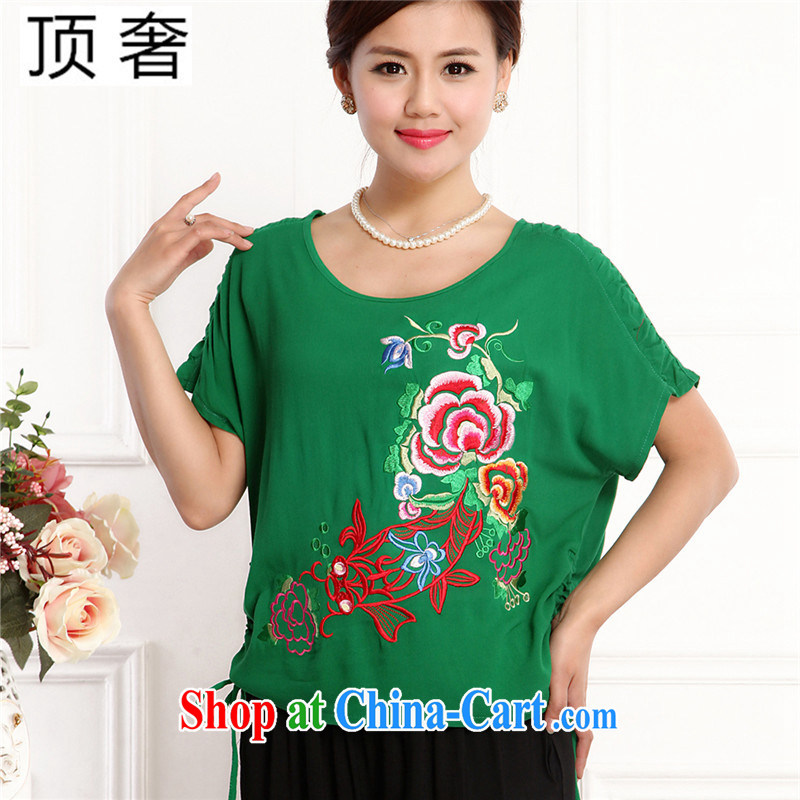 Top Luxury 2105 new, Ms. Tang is set short-sleeve China wind round-collar embroidery half sleeve shirt T red loose version T-shirt green Chinese Kit female mom is green, package XL