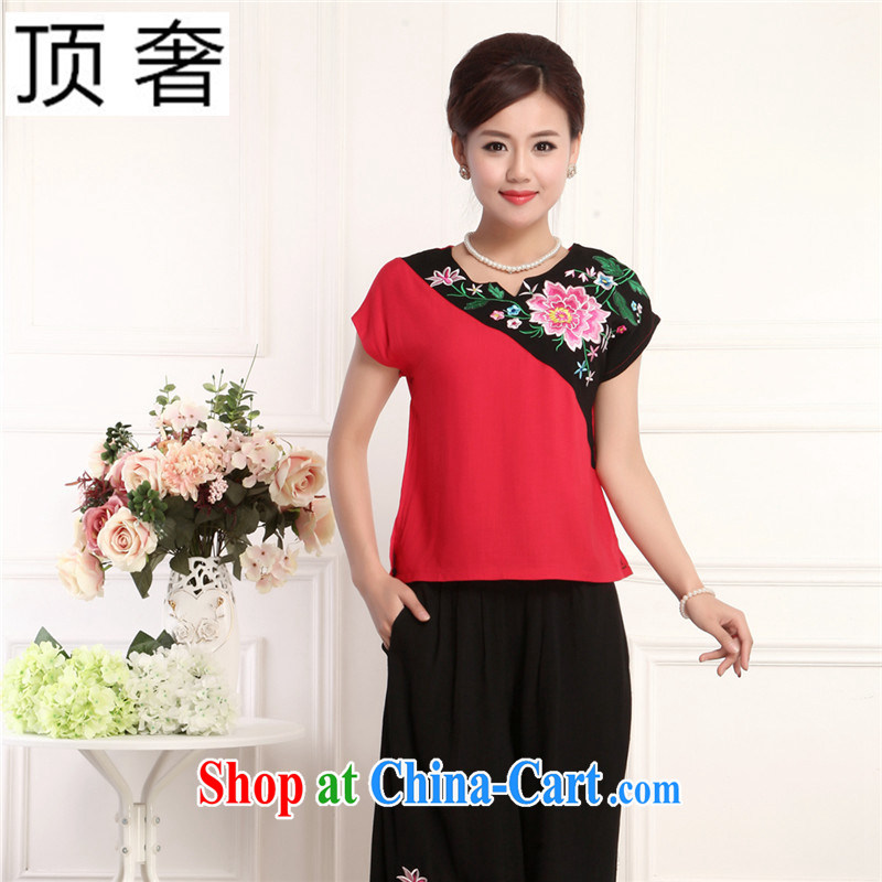 Top Luxury 2015 new, Ms. Tang is set short-sleeve summer wear thin China wind round-collar embroidery half sleeve shirt T red loose version T-shirt stitching Chinese package the red kit XXL, top luxury, shopping on the Internet
