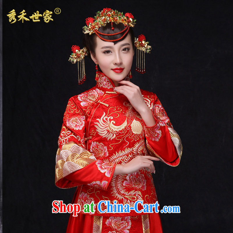 Show Groups family groups show their Chinese Antique bridal show reel service married women toast clothing costumes married Yi long-sleeved red cheongsam Phoenix use large red L number