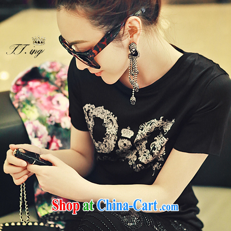 The European site female kaki Su-Ching-ching with stylish 100 ground English letters Satin stamp round-collar short-sleeve shirt T black L