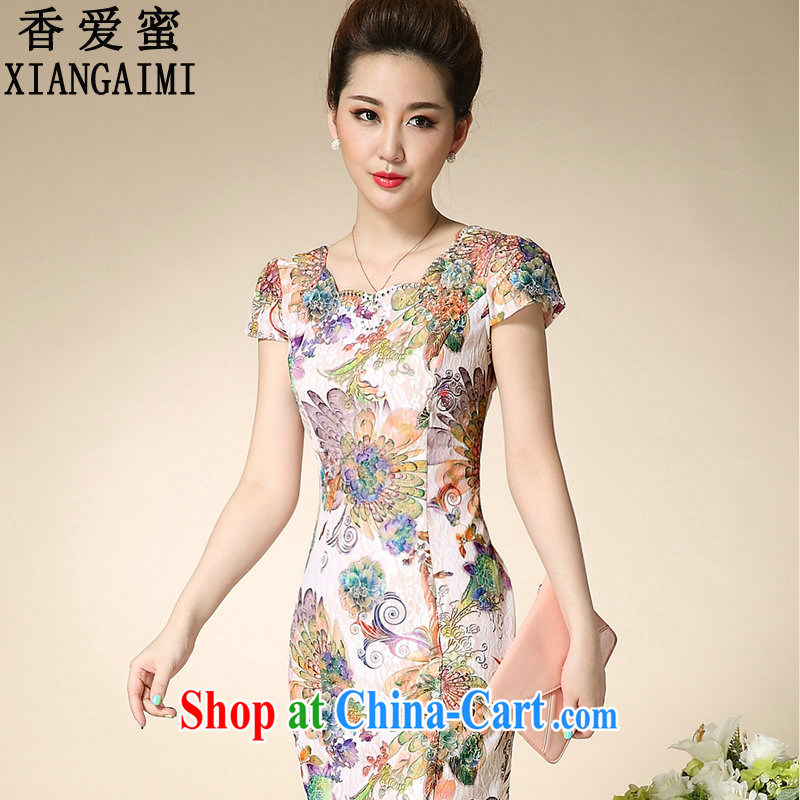 Fragrant Honey Love 2015 summer new cultivating short-sleeved stamp lace elegant qipao package and dresses female white background 3 XL