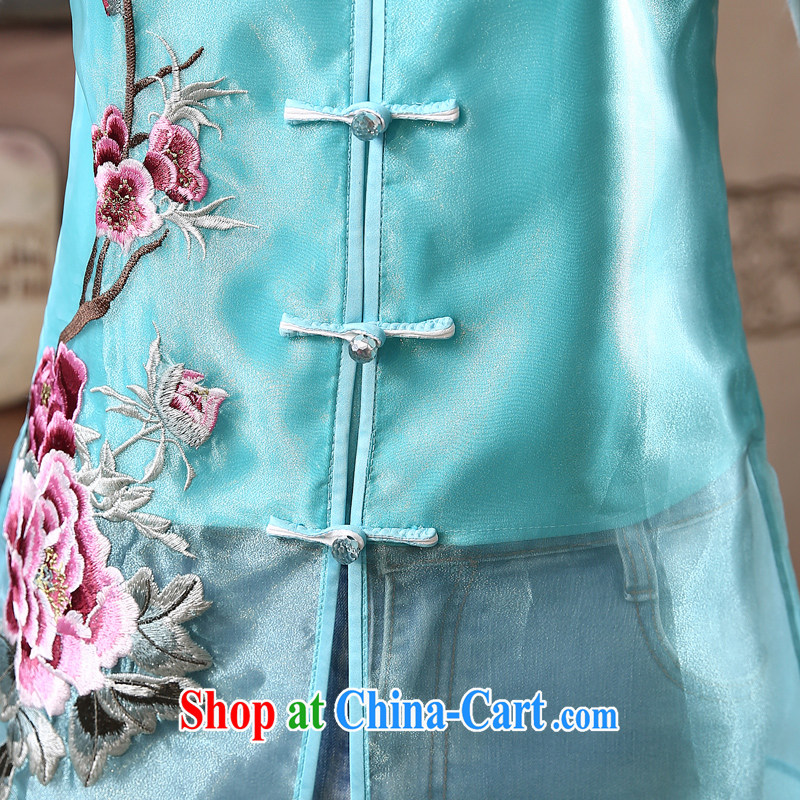 Morning dresses, new summer retro short improved stylish Chinese qipao shirt short-sleeved European root yarn embroidered light blue XL morning land, shopping on the Internet