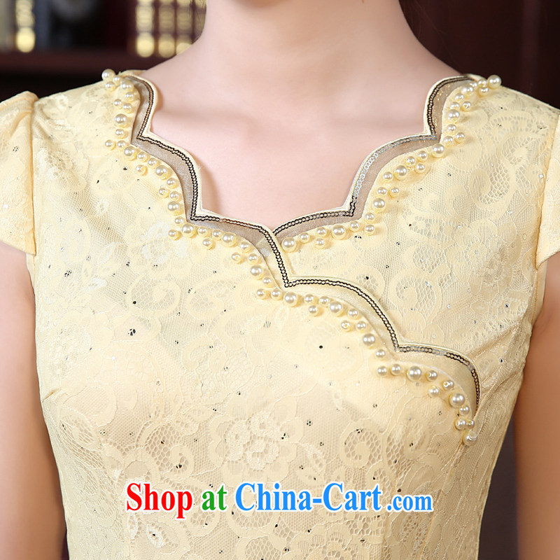 Early Morning, 2014 new summer fashion improved retro short cheongsam dress Tang yellow V for aviation that yellow L morning land, shopping on the Internet