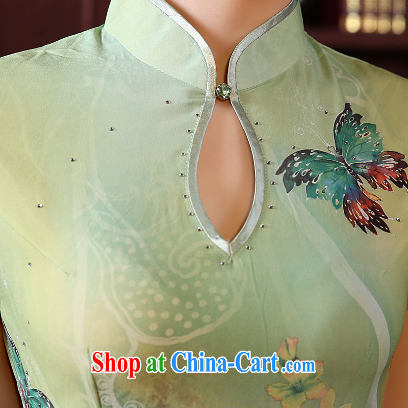 Morning dresses, new summer retro long improved stylish sauna silk silk Chinese qipao dress green butterfly green XXL morning land, shopping on the Internet