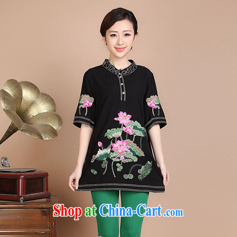 HYMN Sodom and Pratt 2015 summer new ethnic wind Lotus embroidery, older mothers in long summer short-sleeved shirt T blue XXXL Hymn, Sodom and Pratt, shopping on the Internet