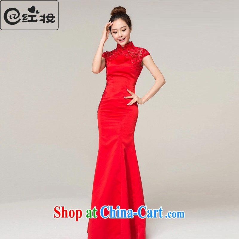 Recall that the red makeup, for package shoulder red long bridal wedding dresses Chinese spring and summer retro crowsfoot bows dress Q 13,619 red XL