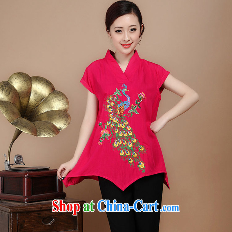The old Summer retro Peacock embroidery Tang fitted T-shirt loose the code cotton T-shirts female Red XXXL Hymn, Sodom and Pratt, shopping on the Internet