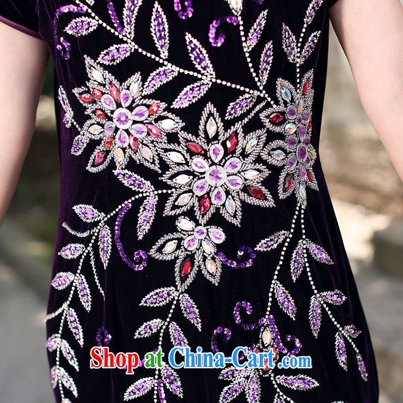 Jin Bai Lai improved cheongsam dress summer high-end gold velour short-sleeved manually insert drill stretch retro style dresses Tang Women's clothes 4 XL idealistically Bai Lai (C . Z . BAILEE), online shopping