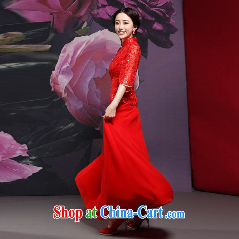 Recall that the red makeup new Chinese wedding ceremony clothing long-sleeved qipao improved stylish bridal toast clothing cheongsam dress Q 14,717 red M, recalling that the red makeup, shopping on the Internet
