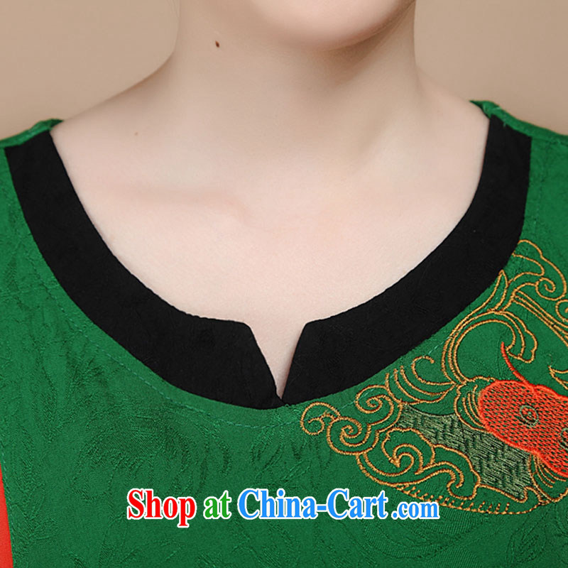 2015 summer new middle-aged and older female Chinese cotton jacquard large code spell-color short-sleeved dresses green XXL Hymn, Sodom and Pratt, shopping on the Internet