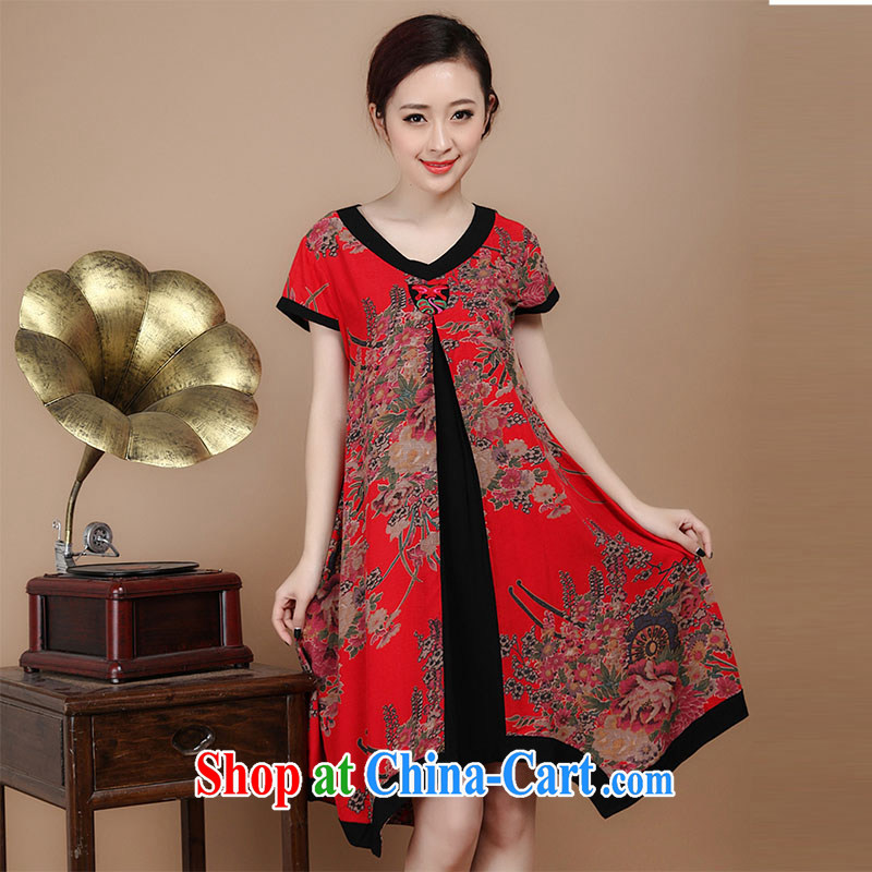 HYMN Sodom and Pratt 2015 summer new, middle-aged and older women with pure cotton retro MOM load the middle-aged, short-sleeved dresses red XXL