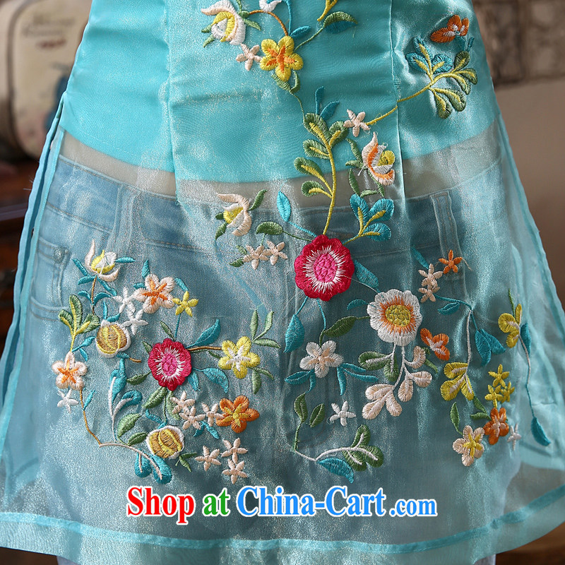 Morning dresses, new summer retro short improved stylish Chinese qipao shirt short-sleeved European root yarn embroidered light blue XXL morning land, shopping on the Internet