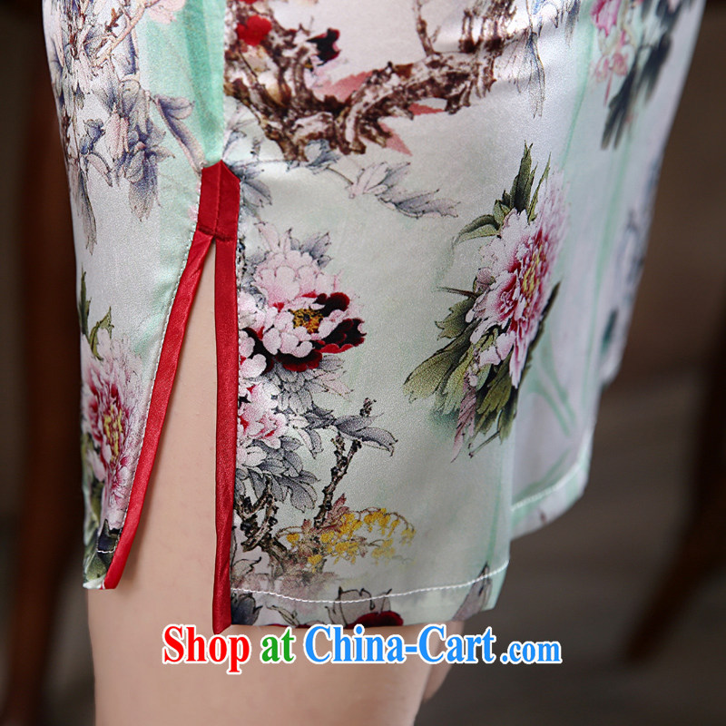 Morning, dresses new 2015 summer retro short-sleeved improved stylish sauna silk heavy Silk Cheongsam dress green Peony floral 155/S morning land, shopping on the Internet