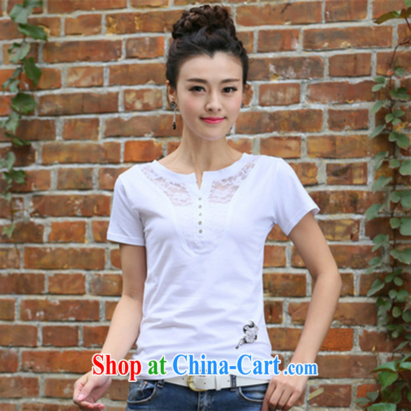 Black butterfly 2015 summer new V collar short-sleeved ethnic wind cotton MA students t-shirts female Korean 8115 white XXL