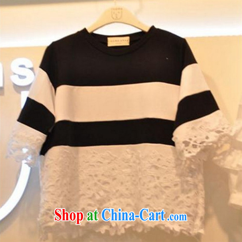 Qin Qing store the East Gate summer Korean Edition black and white striped loose short-sleeve T-shirt girl lace stitching T-shirt the T-shirt white XL, GENYARD, shopping on the Internet