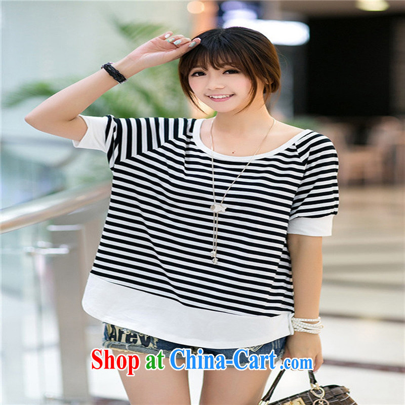 2015 new summer female new streaks T shirt relaxed round-collar short-sleeve and stylish beauty stitching 100 ground T-shirt female black and white streaks L, A . J . BB, shopping on the Internet