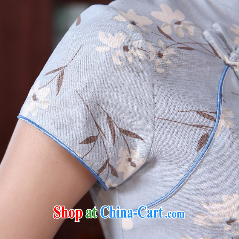 Morning love 2015 summer new stylish improved retro short cheongsam dress Chinese daily cotton the gray-blue gray-blue 155/S, morning land, shopping on the Internet