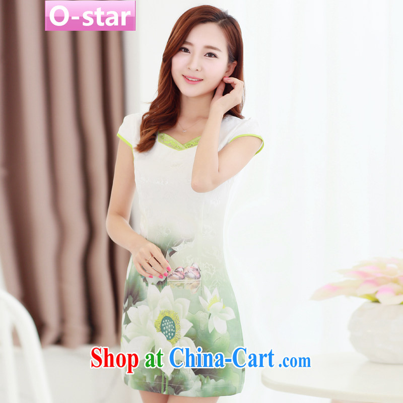 O - Star 15 Korean summer new embroidered short sleeves cultivating improved cheongsam dress retro-ink landscape painting cheongsam dress girls in short, lotus-colored S, O - Star, online shopping