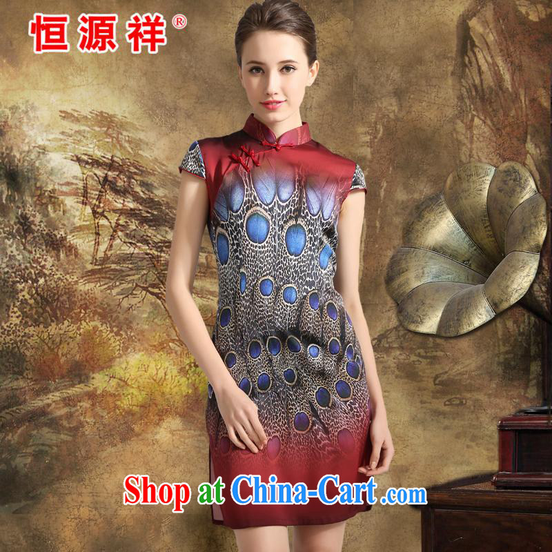 Leave a compensable 10 the Hang Seng Yuen Cheung-2015 spring and summer new, Ms. dos santos cheongsam silk further skirts, for female stamp Silk Dresses blue feathers red XXL