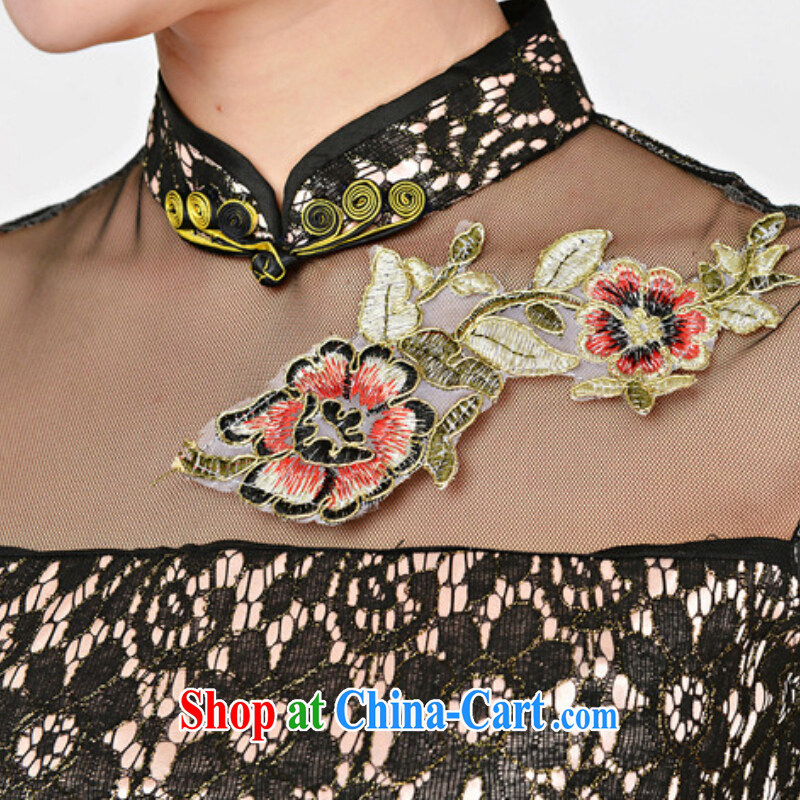 Refreshing new Ethnic Wind elegant low the forklift truck serving toast improved cheongsam dress summer T-shirt dress girls black lace two flower Peony flower 2XL, refreshing, and shopping on the Internet