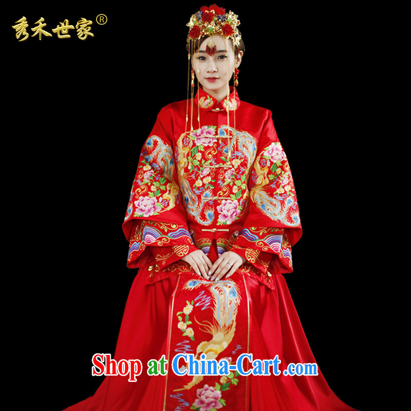 Show Groups family groups show their Su-wo service bridal gown Chinese wedding dress 2015 New Red bows married Yi retro dresses show kimono red XS No.