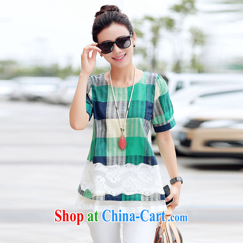 Qin Qing store 2015 summer new Korean video thin lace lace stitching checked short-sleeved cotton Ma T-shirt women T-shirt green HMG XL 9032