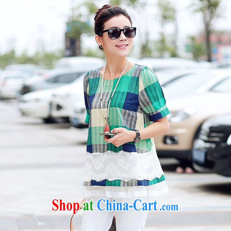 Qin Qing store 2015 summer new Korean video thin lace lace stitching checked short-sleeved cotton Ma T-shirt women T-shirt green HMG 9032 XL, GENYARD, shopping on the Internet