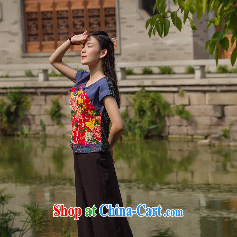 In 2015 Moon Ethnic Wind women cotton the Chinese Antique mulberry cloth stitching improved Chinese summer short, T-shirt suit XL, especially Nan (youjin), and shopping on the Internet