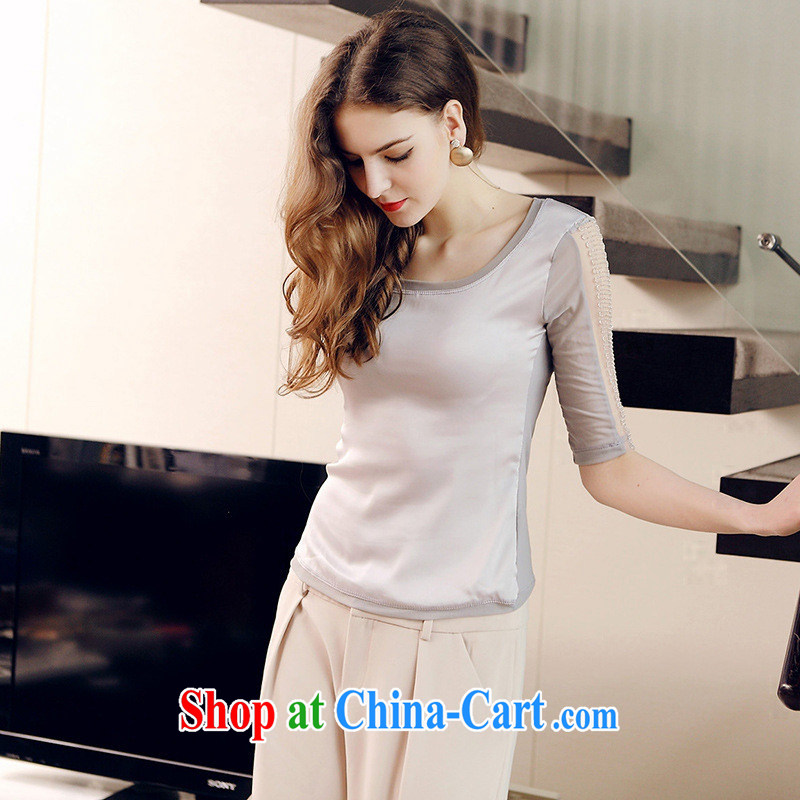 hamilton European site 2015 spring and summer new female Hand chain design Satin Web yarn stitching solid shirt WN 2588 XL silver, blue rain bow, and shopping on the Internet