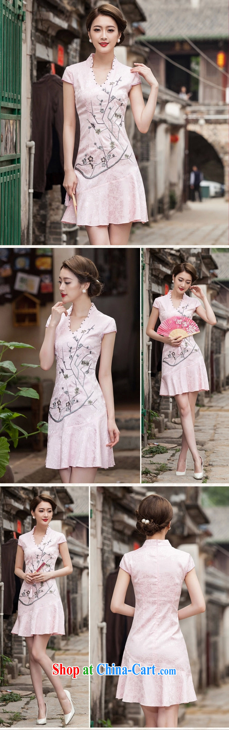 Summer Town new V collar embroidered Phillips nails Pearl crowsfoot skirt with embroidery short sleeve cheongsam X 5070 pink XL pictures, price, brand platters! Elections are good character, the national distribution, so why buy now enjoy more preferential! Health