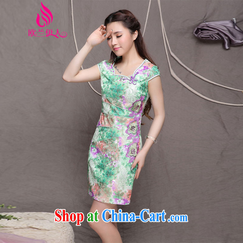 Europe, 2015, summer, blue cheongsam Chinese wind stylish ethnic wind and refined improved cheongsam 9905 green M, Europe, people, and online shopping
