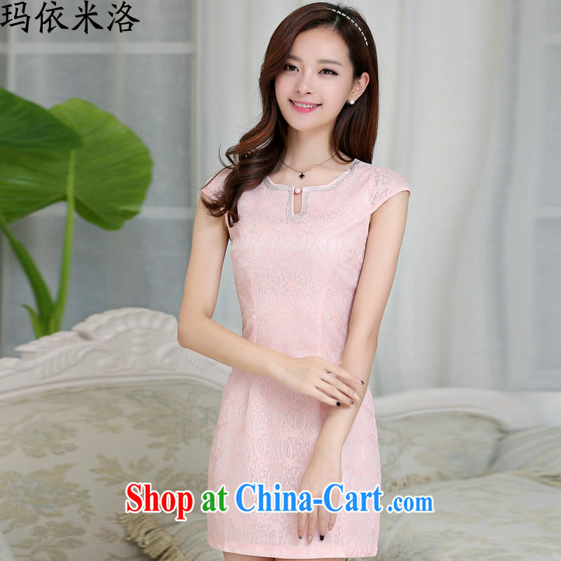 According to her, 2015 summer new female fashion style cheongsam dress graphics thin beauty V short-sleeved lace further dress girls pink L