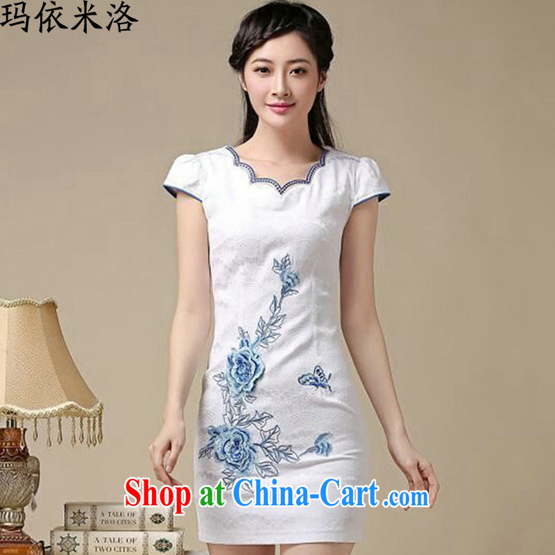 According to her, 2015 summer new female Korean fashion dresses embroidery Peony retro short sleeve cheongsam long women who dress Blue on white flower L