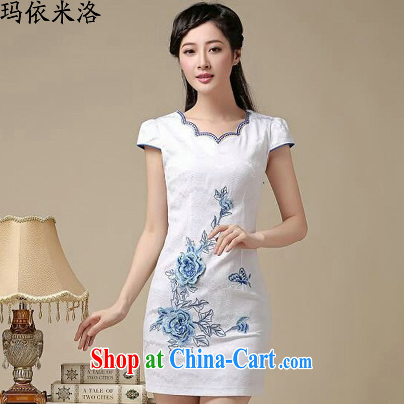 According to her, 2015 summer new female Korean fashion dresses embroidery Peony retro short sleeved dresses, long, girls who dress Blue on white flower L, Mary in accordance with M, and shopping on the Internet