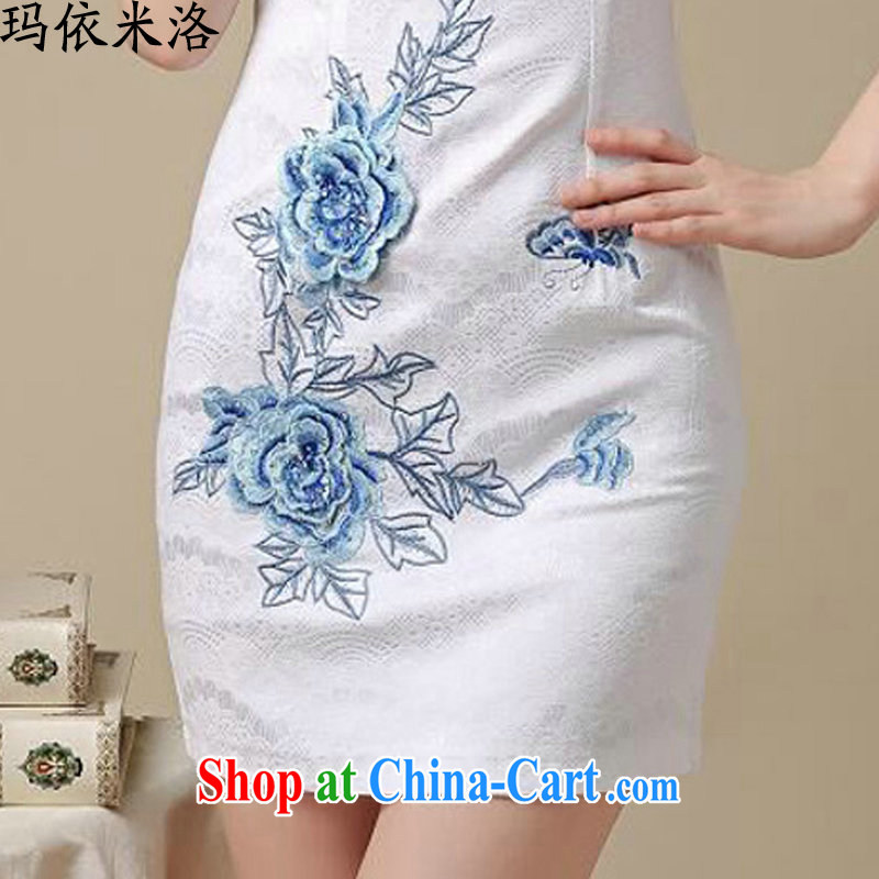 According to her, 2015 summer new female Korean fashion dresses embroidery Peony retro short sleeved dresses, long, girls who dress Blue on white flower L, Mary in accordance with M, and shopping on the Internet