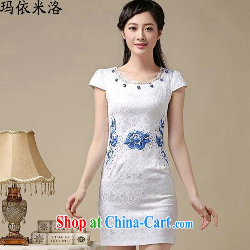 According to her, 2015 summer new, female Ethnic Wind Peony embroidery female qipao dress short-sleeved dresses Blue on white flower XXL, princess in Milot, and shopping on the Internet
